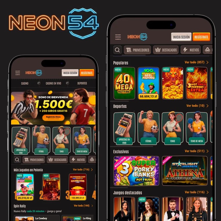 Vista móvil de Neon54 con las secciones de casino, deportes y proveedores