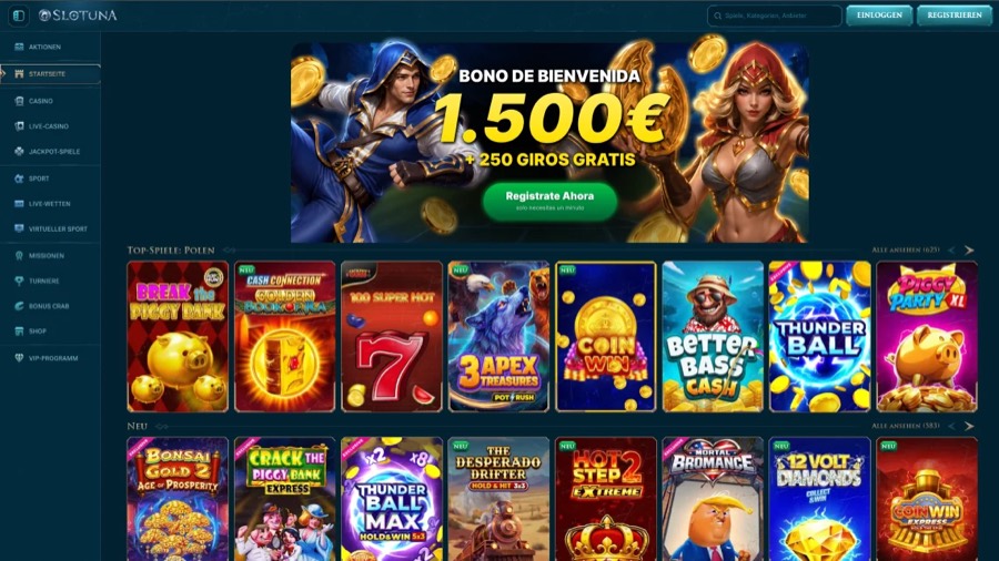 Lobby de Slotuna con la oferta de bienvenida y la cuadrícula de tragaperras